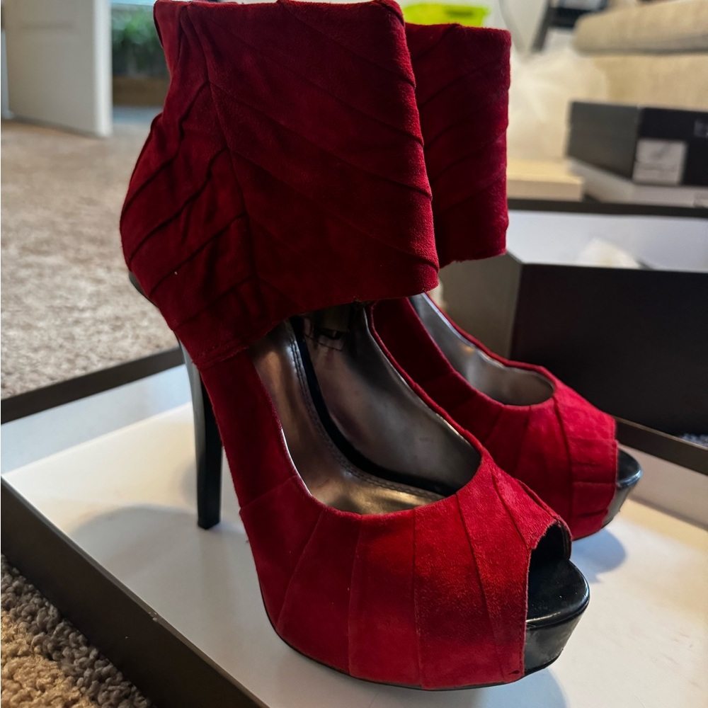 Bebe Red Peep Toe Booties